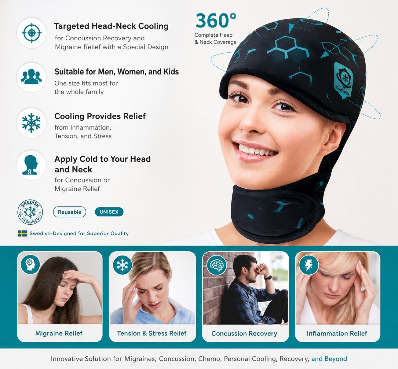 CoolGards Cooling Gel Cap for Chemo, Migraine, Headache, Concussion, Sinus & Neck Relief - Cold Compression Therapy Device